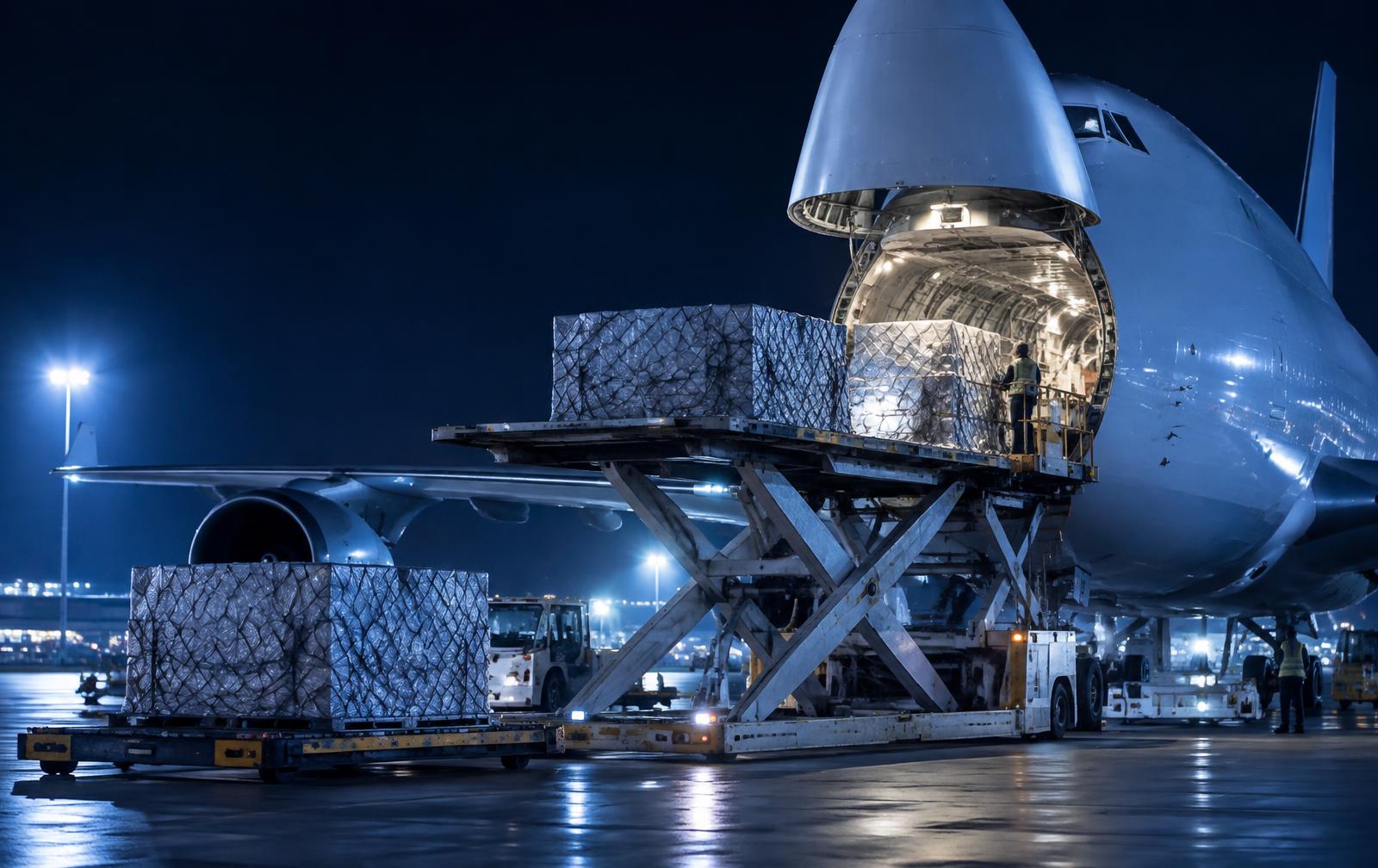 Freight pallets being loaded onto a cargo aircraft at night