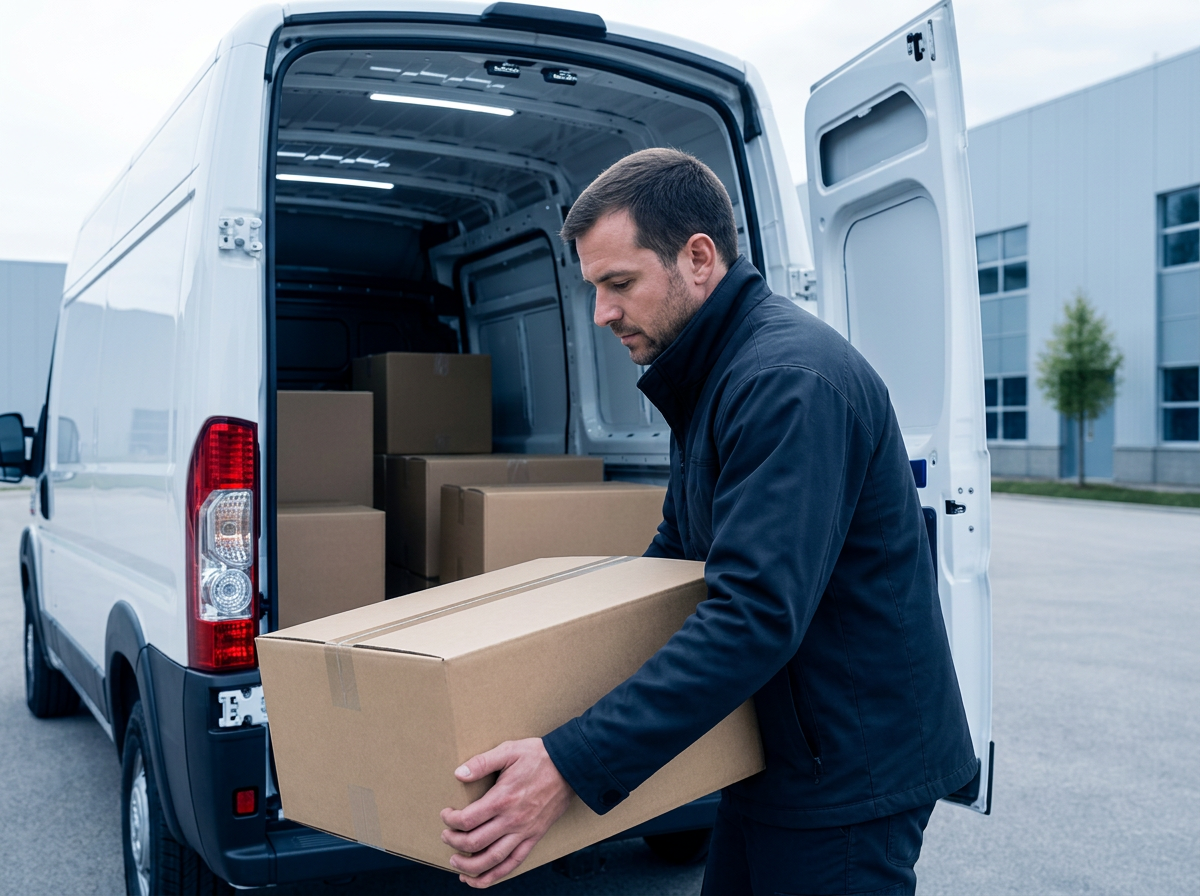 Driver loading sealed freight into a cargo van
