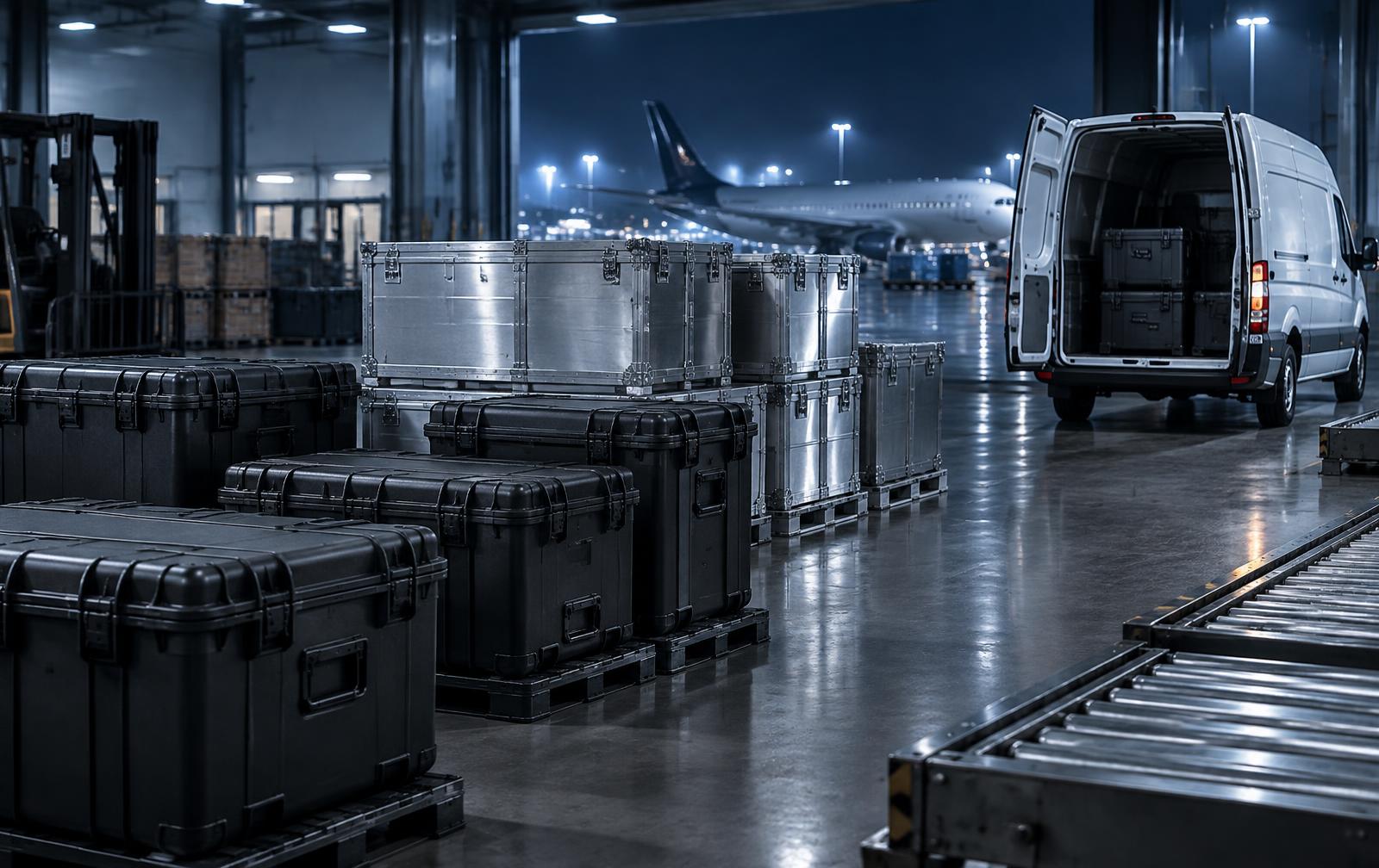 Secure cargo cases and sealed crates at an airport cargo terminal beside a high-roof cargo van