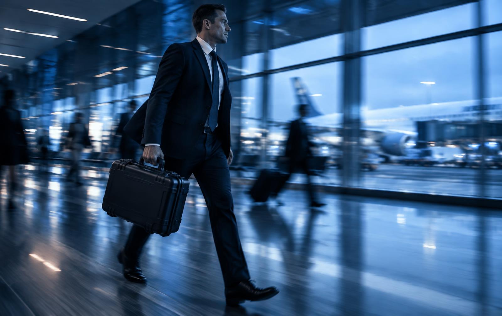 Courier carrying a secure case through an international airport terminal